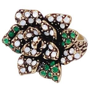 Signed Heidi Daus Green Pink Crystal Floral Statement Cocktail Ring Gold Tone